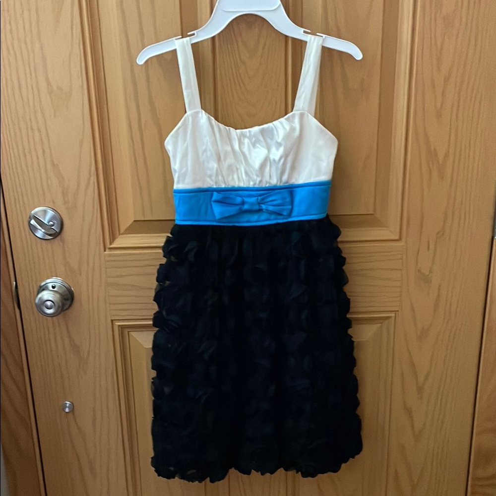 Elegant Kids Dress in White, Blue, and Black